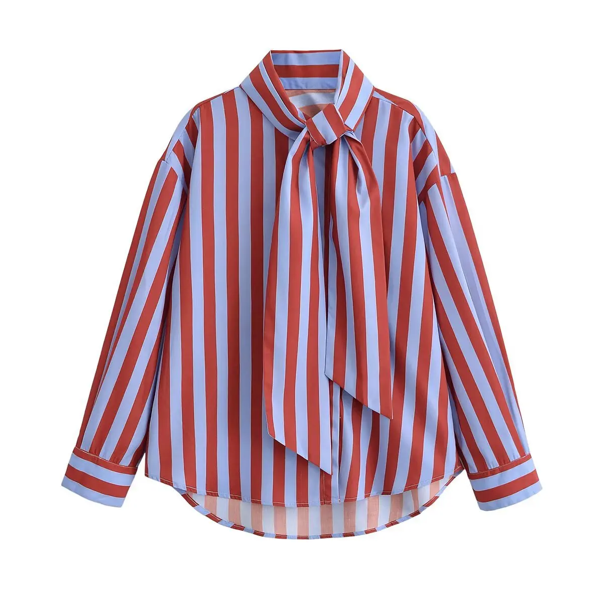 

European and American style 2026 spring and summer new fashion versatile long-sleeved high-neck loose bow-detailed striped shirt