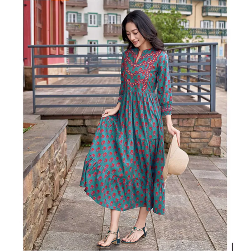 100% cotton three-quarter sleeves printed stand-up collar floral Indian ethnic style long dress - view 4