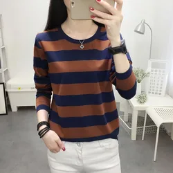 2023 Spring New 95 Cotton Plus Size Women Striped Long Sleeve T-shirt Round Neck Undershirt Loose Autumn Base Shirt