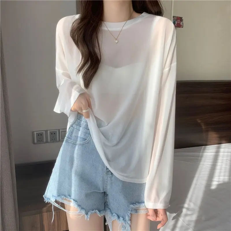 여성용 여름 화이트 루즈핏 긴팔 라운드넥 레이온 니트 탑 가벼운 자외선 차단 다용도 커버업 레이어링 셔츠