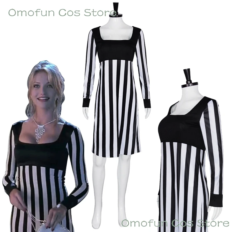 

The Movie Mask Tina Carlyle Cosplay Heroine Costume Jimm Chatacter Carry Cameron Women Diaz Black white Stripes Dress Halloween