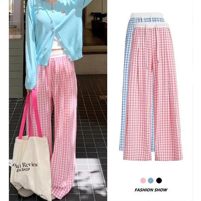 Heißer Verkauf Weiblichen Koreanischen Baggy Breite Bein Hosen Mädchen Patchwork Plaid Hohe Taille Hose Dame Mode Lässig Täglichen Hosen