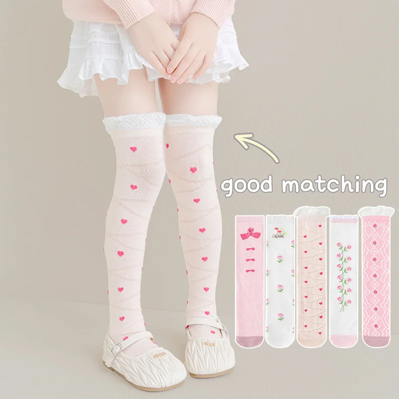 New Spring Autumn Children Girls Stockings Floral Pink Infant Babys Girls Socks Ruffle Sweet Toddler Kids Girls Over Knee Socks