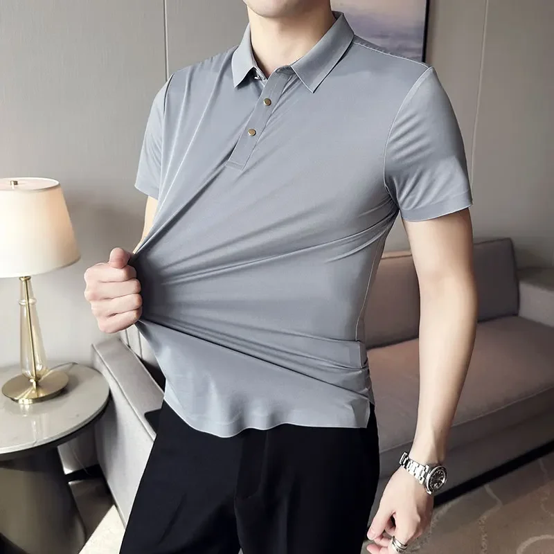 Mens Short Sleeve POLO Shirt 2024 Summer Thin New High Elasticity Solid Color Casual Slim Fit Formal Dress Shirt Men Clothing