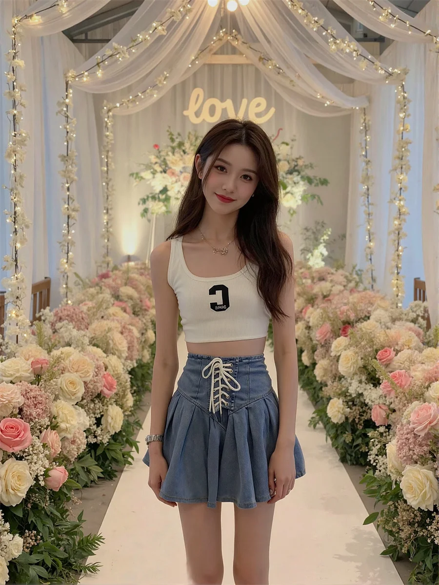 

Pleated Denim Mini Skirts Womens Shirred Patchwork Lace-up Y2k Modern Detail Artistic Sweet Soft Feminina Chic