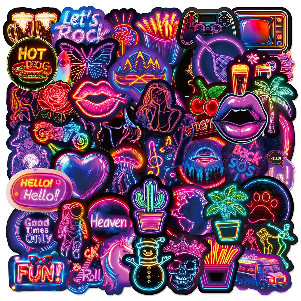 

10/30/50pcs Funny Cartoon Neon Light Graffiti Sticker Aesthetic Decals Kid Toy DIY Motorcycle Laptop Notebook Cool Vinyl Sticker