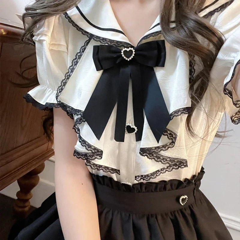 Japanese Jk Uniform Original Design Casual Style Sailor Collar Retro Horn Sleeve Bow Solid Color Top Black Cake Skirt Set Girl