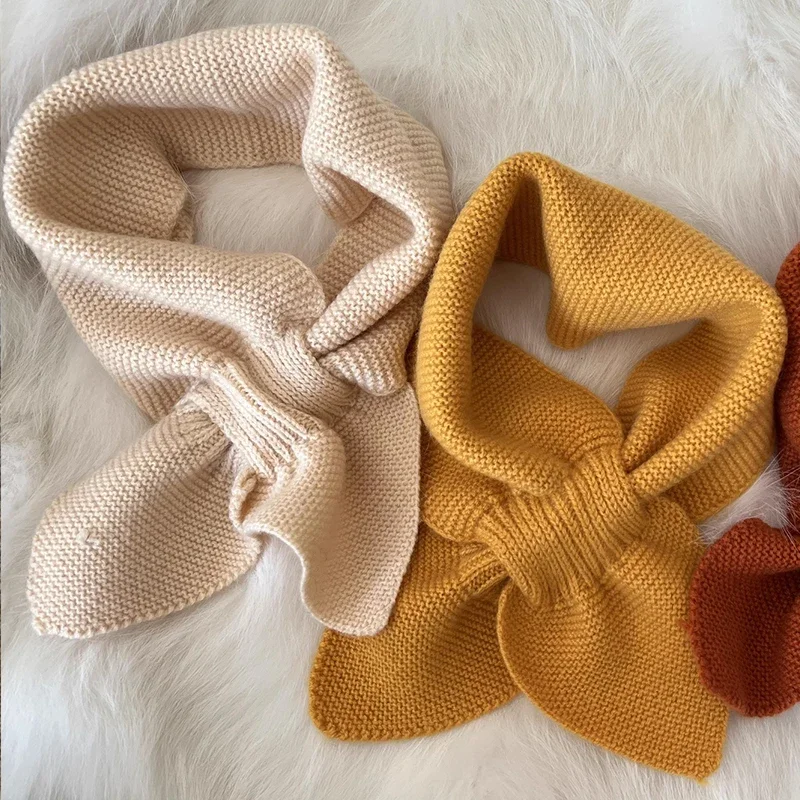 Korean Fashion Women Bowknot Cross Knitted Ring Neck Scarves Female Autumn Winter Solid Color Elastic Soft Plush Wool Warm Scarf