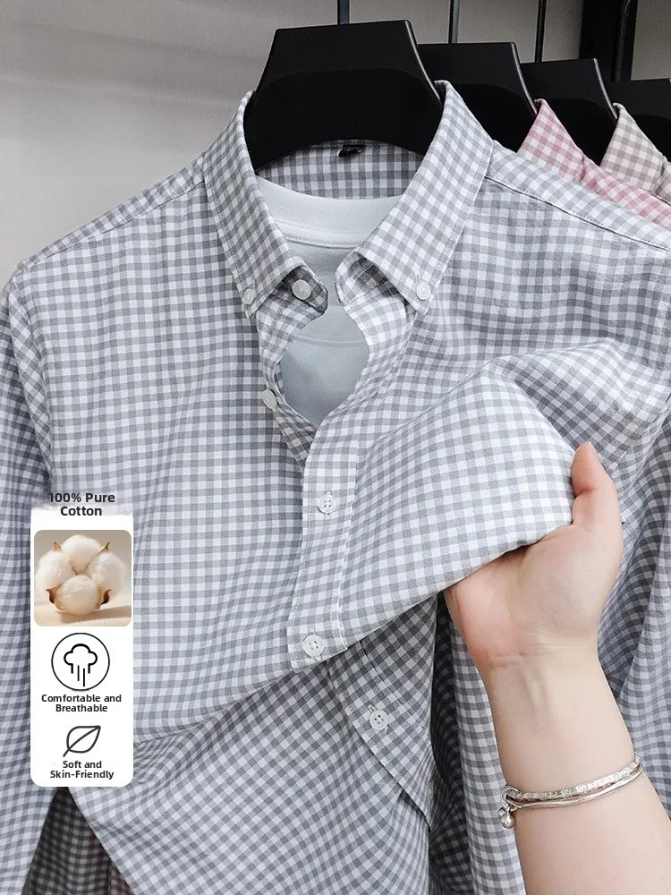 

Lormen 00% Pure Cotton Men's Spring 2026 Plaid irt Comfortable Soft Loose Simple Trendy Long Sve Busin Casual irt