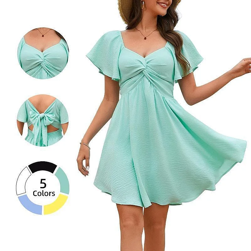 Spring Summer Square Neck Short Sleeve High Waist Dress Dresses Back Bow Vacation Overall Jumpsuit Playsuit
