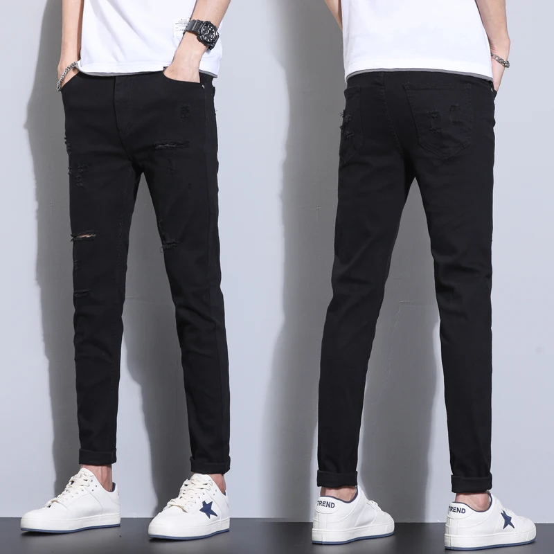 

98% Cotton Men's Ripped Slim Fit Jeans Autumn Korea Fashion Teen Stretch Straight Comfortable Casual Denim Trousers Male