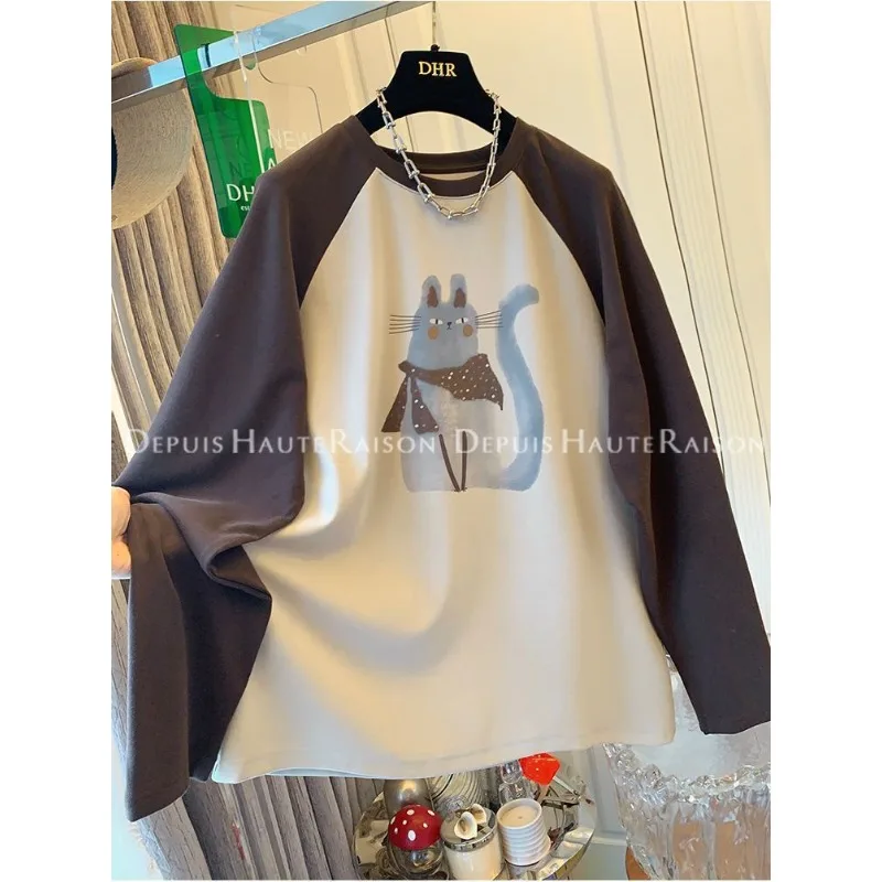American Retro Brushed Thick Bottoming Shirt for Age-reducing Cat Print Long-sleeved T-shirt Loose Top