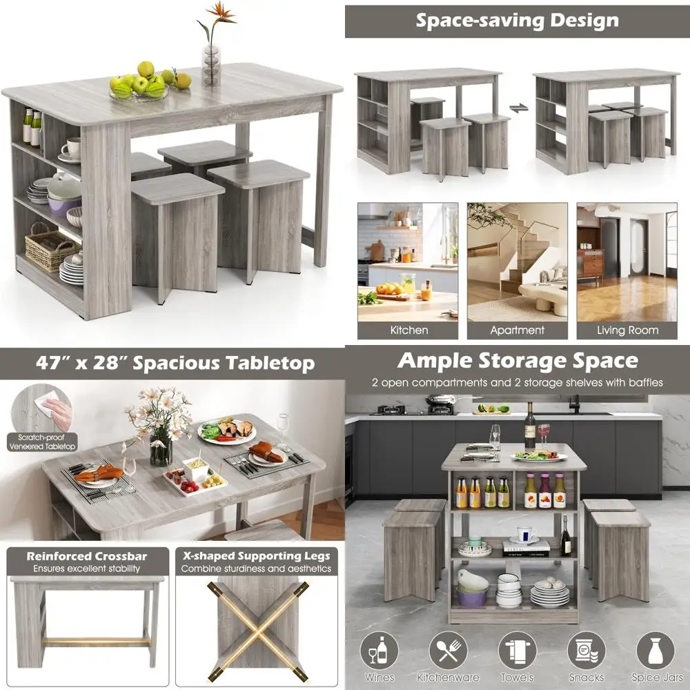 5-pieces dining table set for 4, kitchen table set with side storage shelf, 4 square stools, space-saving dining furniture for