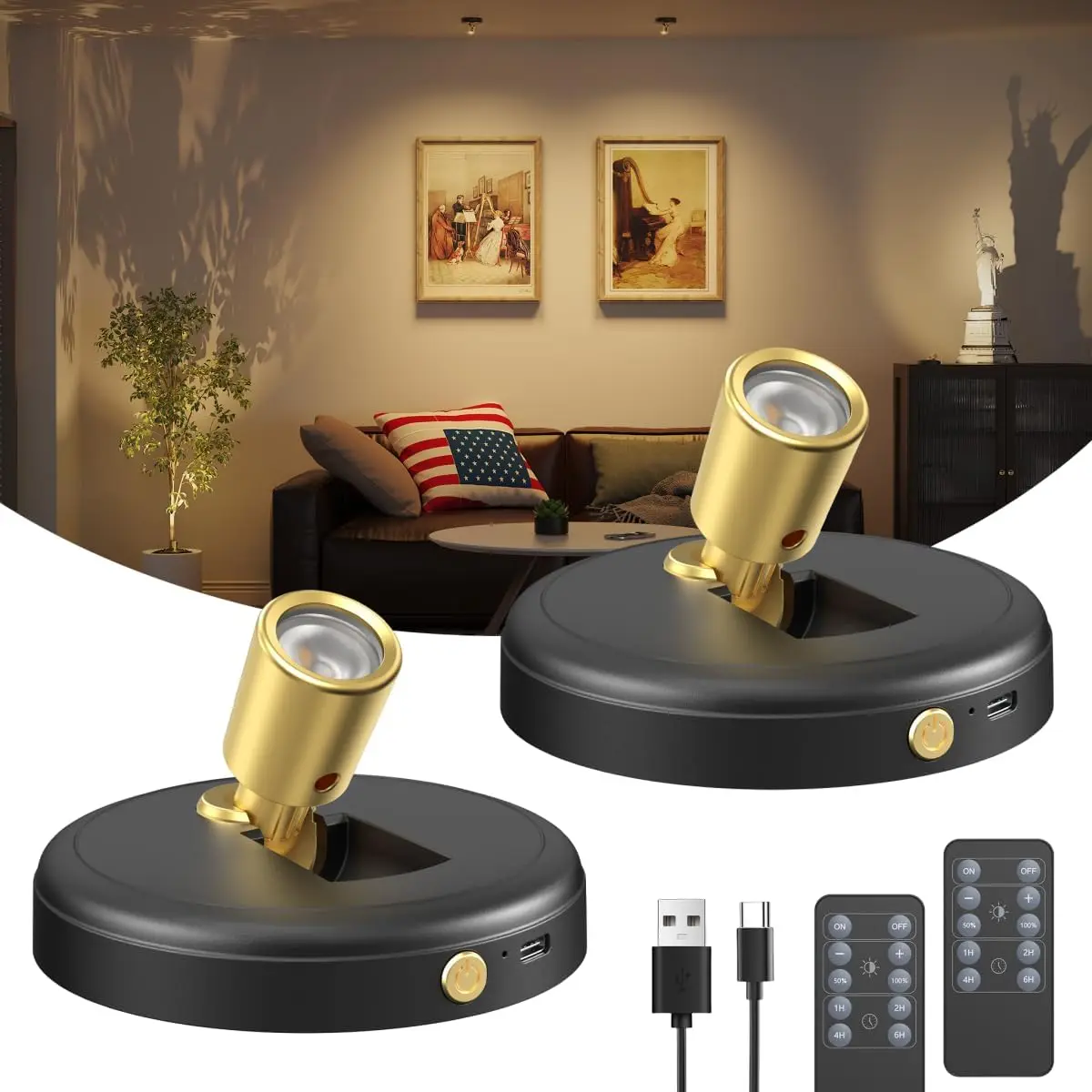 

Rechargeable Wireless LED Spotlights for Indoor Decor - 2 Pack with Remote & Timer