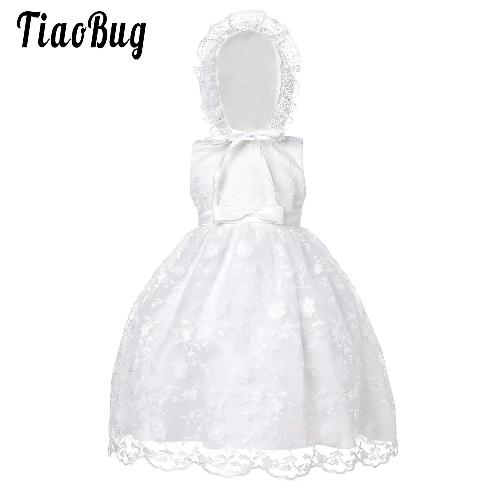 

3M-24M Baby Little Girls Christening Gown Pure White Lace Flower Embroidery Christening Dresses Baptism Gown And Bonnet Set 2Pcs