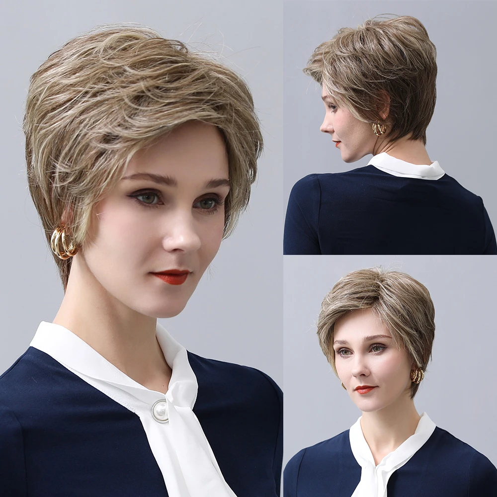 Short Pixie Cut Wigs for Women Straight Layered Hair Brown With Light Golden Highlights Blend Hair Human Hair With Synthetic Wig