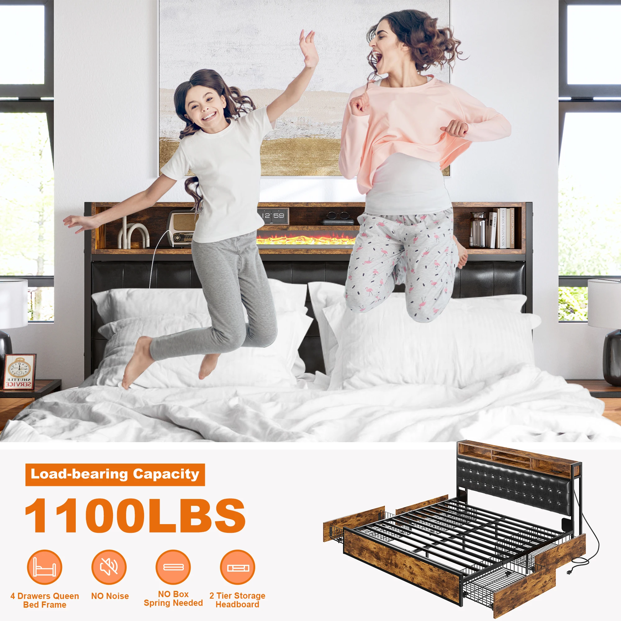 EnHomee Metal Bed Frame with 4 Storage Drawers & Charging Station Headboard Upholstered Platform Bed Frame with Upholstered Headboard No Noise image 4
