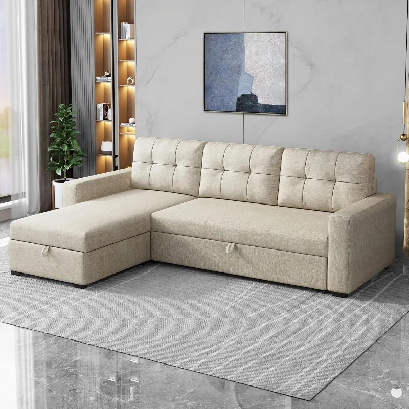 81.5" Sleeper Sectional Sofa,Upholstered Sectional Storage Chaise and Pull,Reversible L-Shape Couch,w/ 3 Back Cushions,for Livin