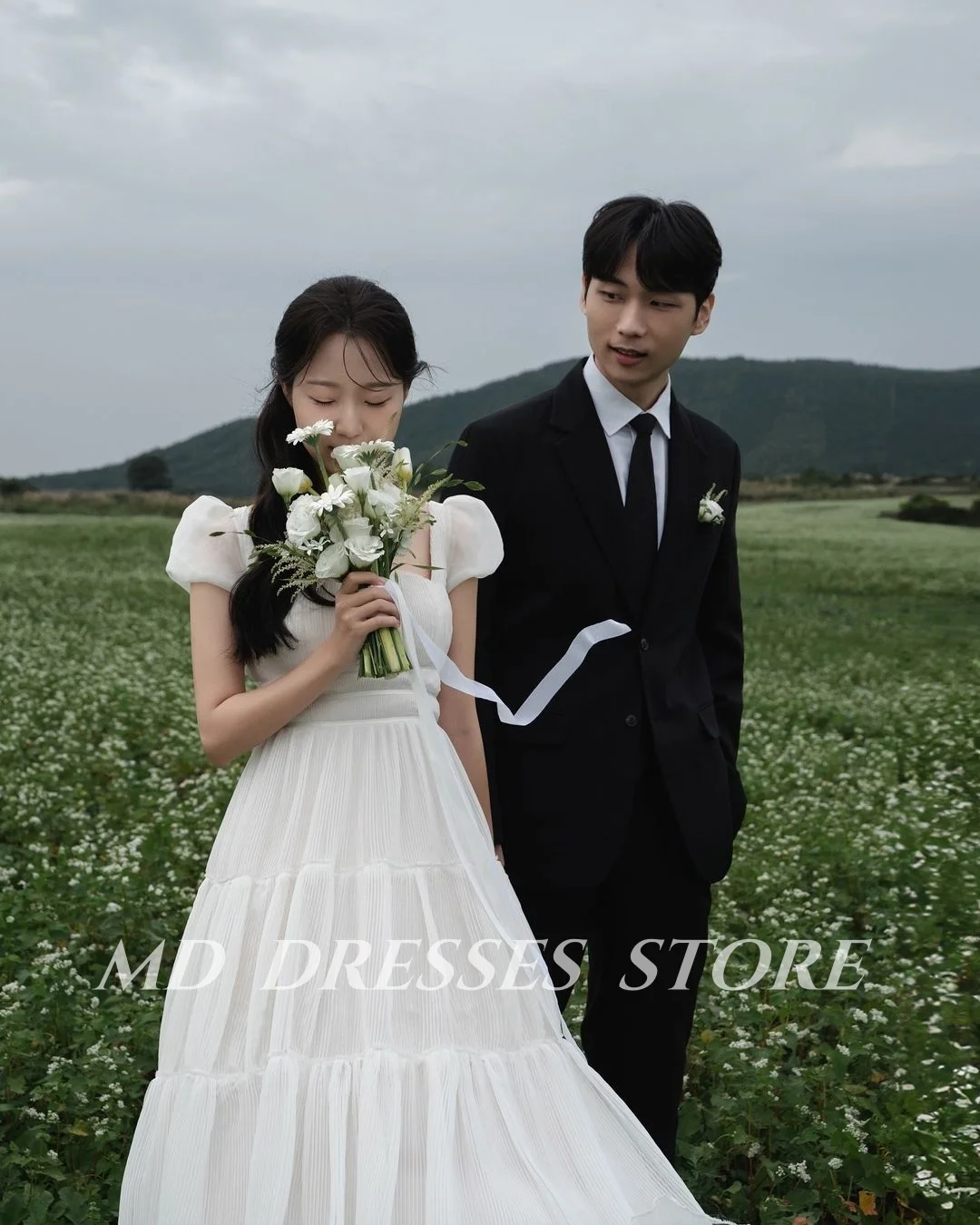 MD Simple White A-line Wedding Dresses For Woman Puff Sleeves Pleat Korea Photo shooting 웨딩드레스 Customized  Garden Bride Gowns