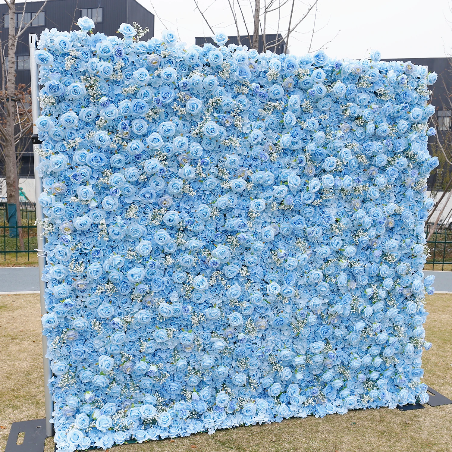 

Roll Up Cloth Fabric Floral Wall Silk Blue Artificial Flower Wall Backdrop for Wedding Decoration