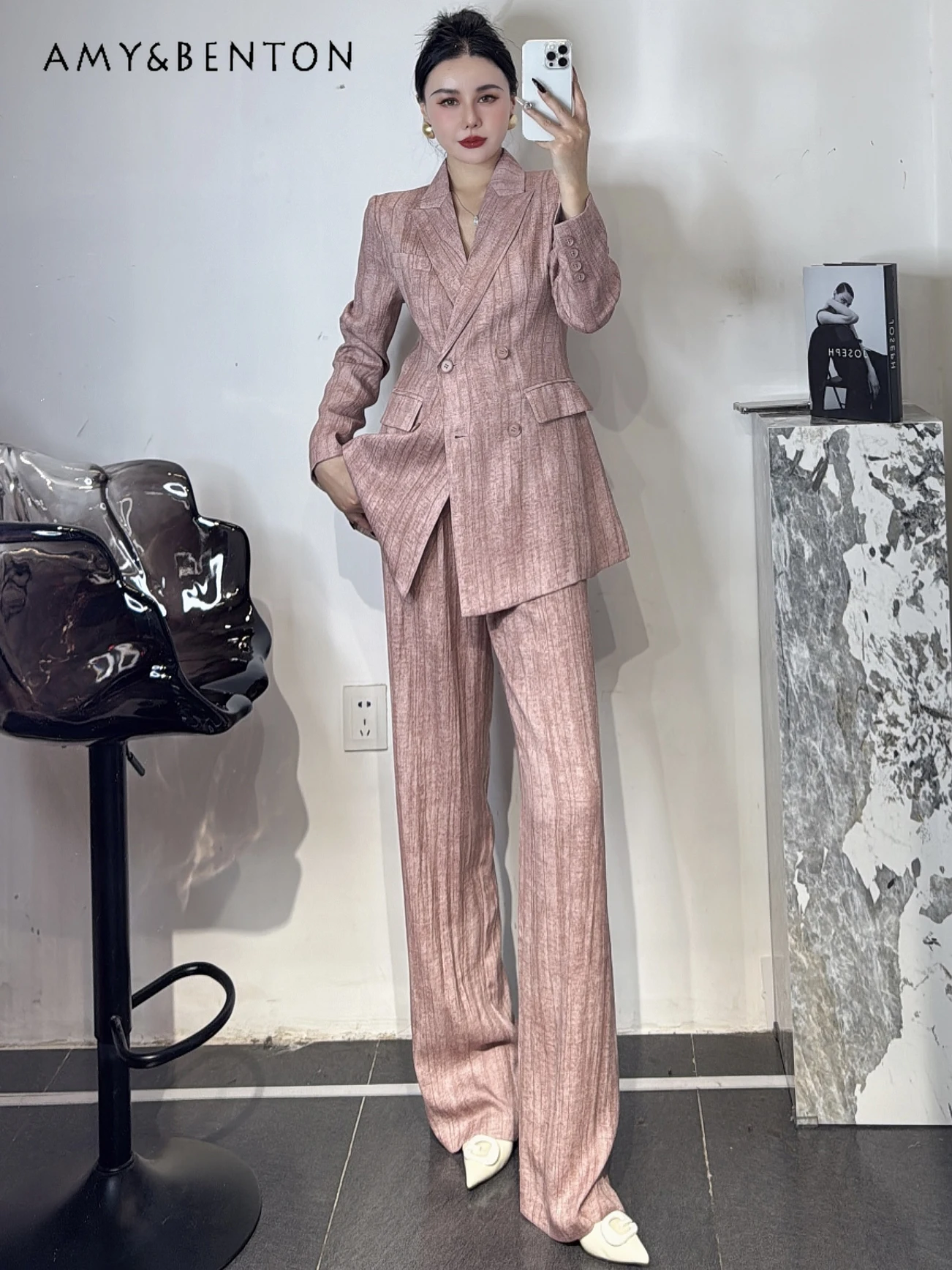 

Commuter Style Fashion Striped Suit 2024 Early Autumn New Office Lady Slim Jacket Wide Leg Pants Two Piece Sets Womens Outifits