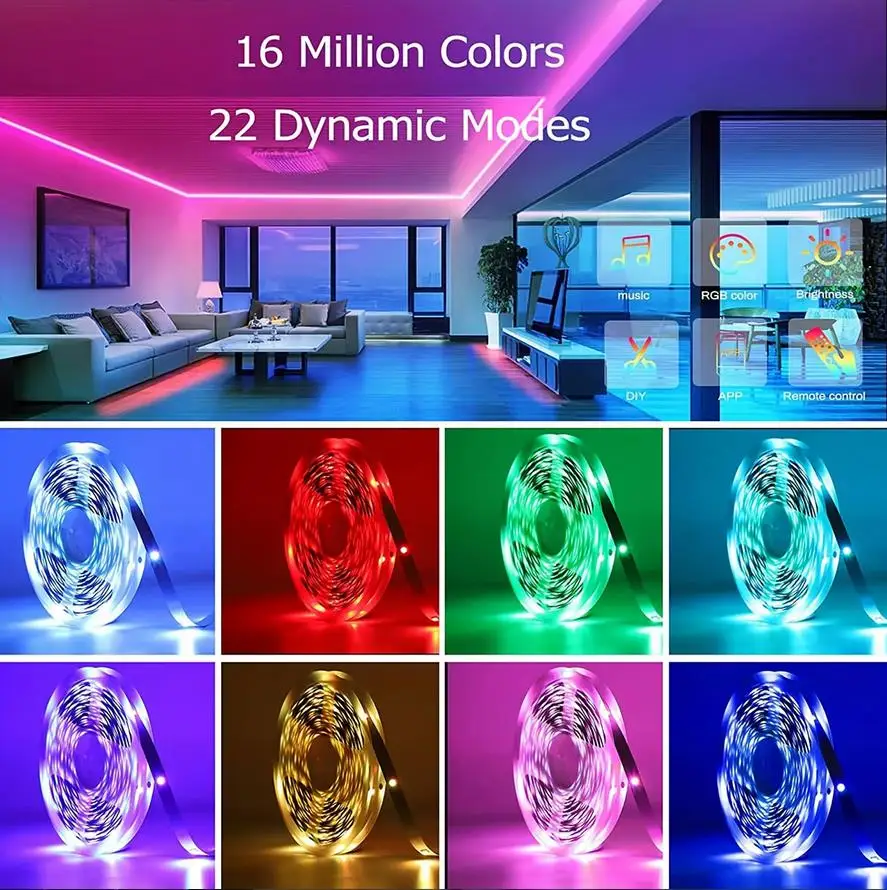 WIFI Led Lights for Room Music Sync RGB Led Strip Lights 10m 20m 30m Flexible Ribbon for Room Bedroom Gaming Decor TV Backlights