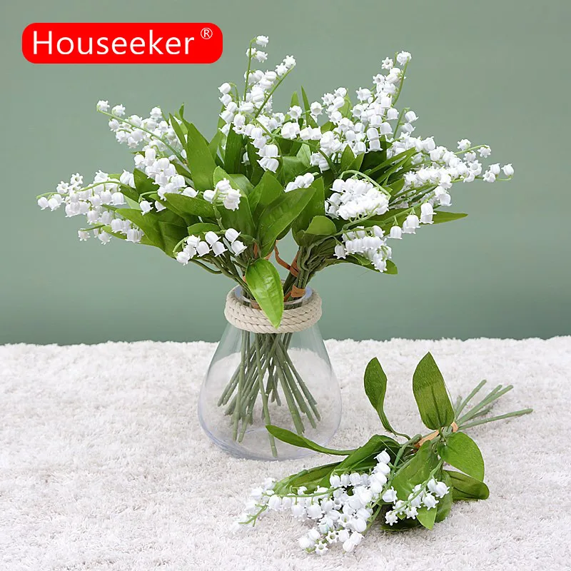 تقليد بيل السحلية زنبق الوادي الزهور الاصطناعية ، أبيض نقي ، DIY بها بنفسك ديكور المنزل الجدول ، هدايا الحفلات ، 3 شوكة