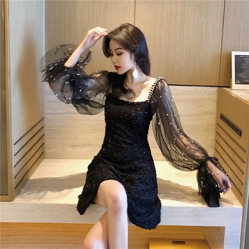 Nightclub Outfit New Fashionable Sexy Slim Fit Versatile Mesh Bubble Sleeves Elegant Dress for Women