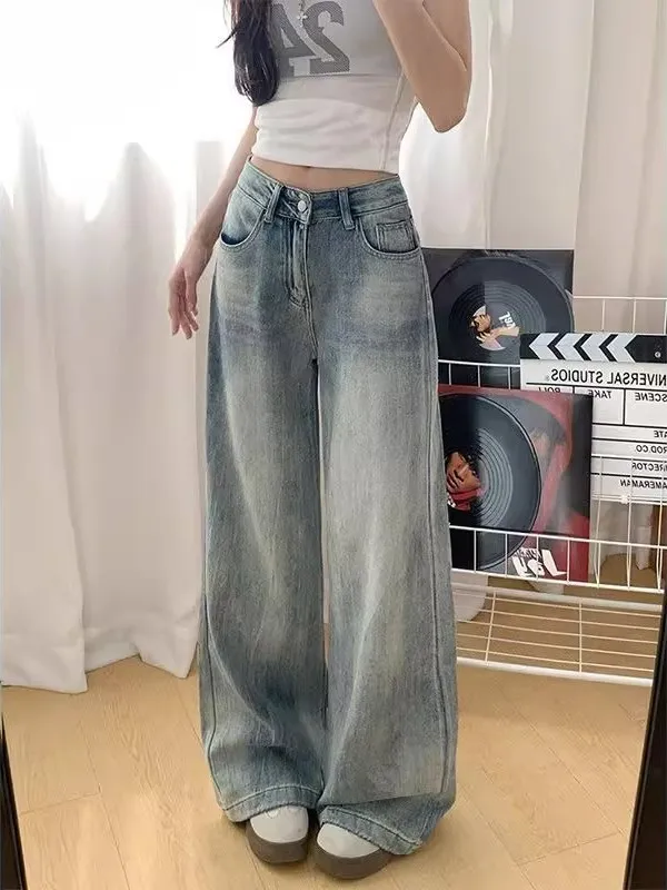 

American Retro High Waist Wide Leg Jeans Women's Small Size Loose Straight Long Pants Slimming Versatile Denim Skinnies