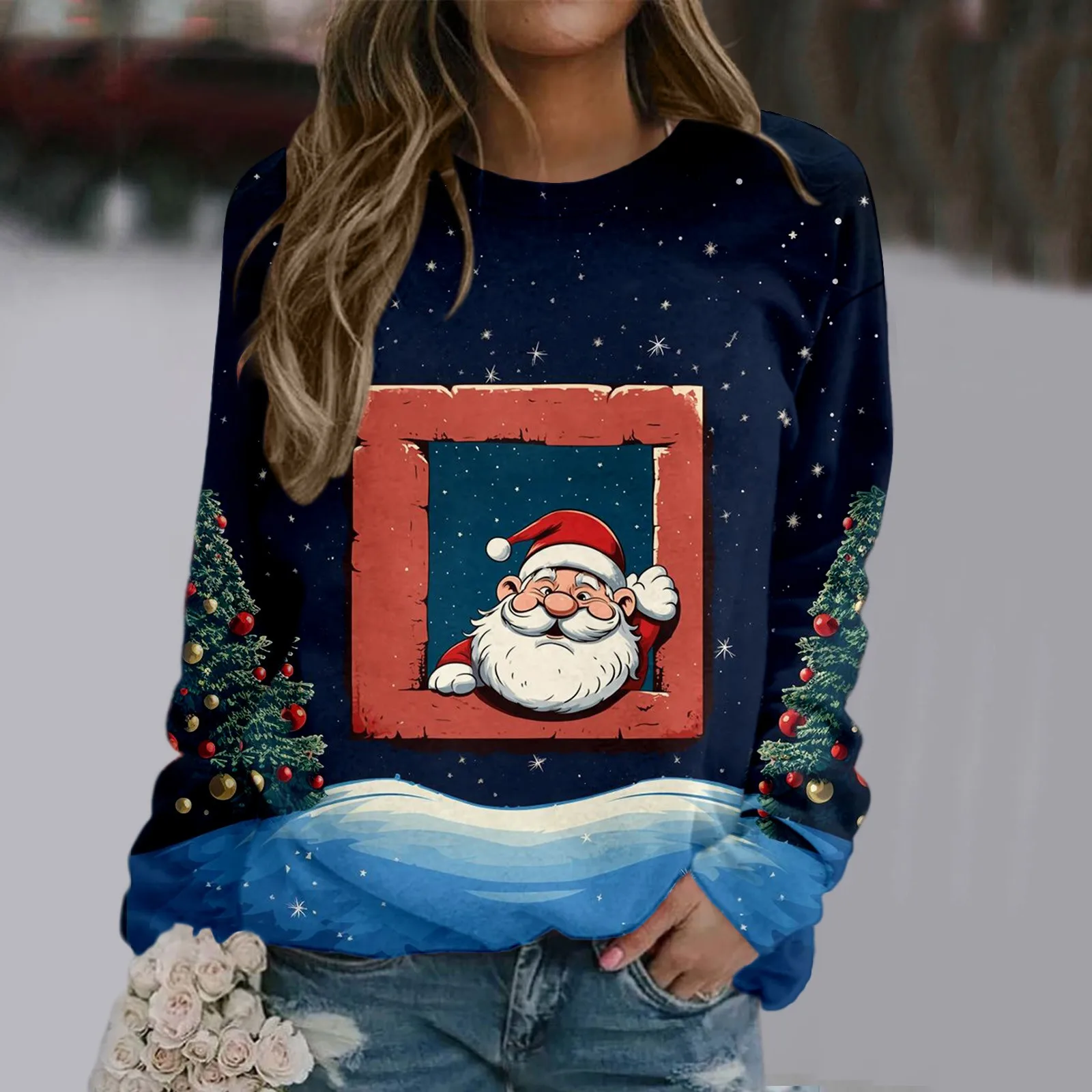 

Night before Christmas Women Clothes Women Hoodies Christmas Print Long Sleeve Santa Round Neck Color Ladies Athletic Top