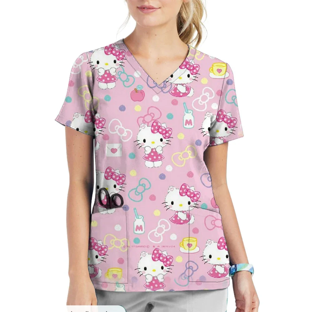 

Nursing Uniform Women's Comfortable Clothes Scrubs Top V-Neck Two Pockets Hello Kitty print Short Sleeve Medical Uniforms