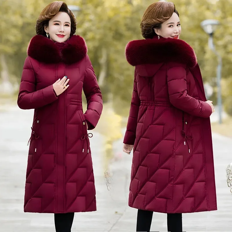Parka à capuche avec col en fourrure pour femme, veste d\'hiver, vêtements pour mères d\'âge moyen, manteau chaud avec fermeture éclair, optique adt