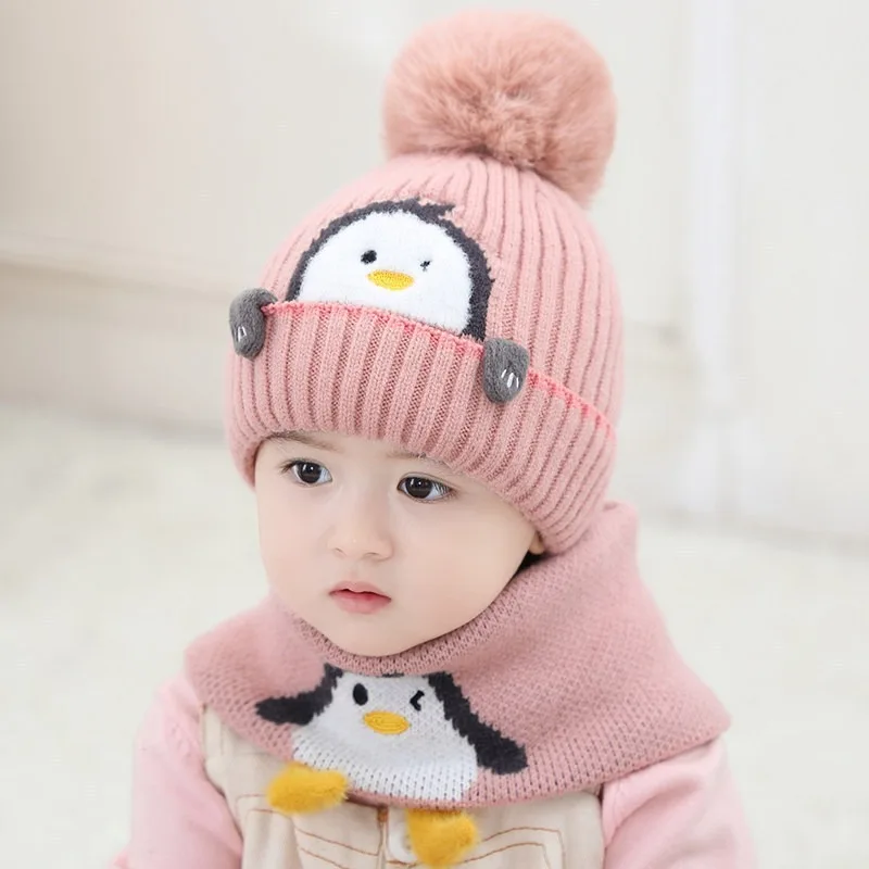 Adorable Penguin Kids Hat Scarf Set Thick Knitted Cap with Earflaps for Baby Boys Girls in Winter