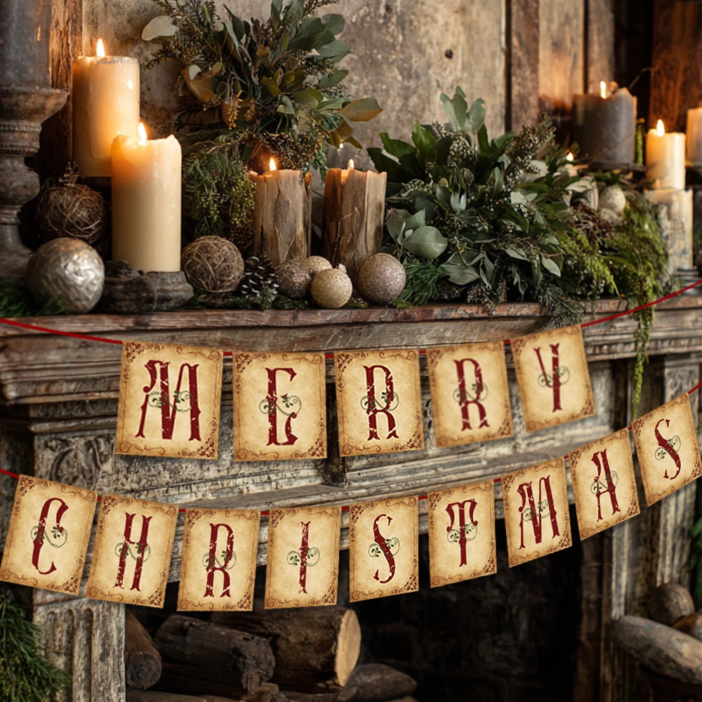 Vintage Frohe Weihnachten Banner Weihnachten Thema Party Dekoration Hängende Retro Nostalgische Wimpelkette Girlande Weihnachten Neujahr Dekor