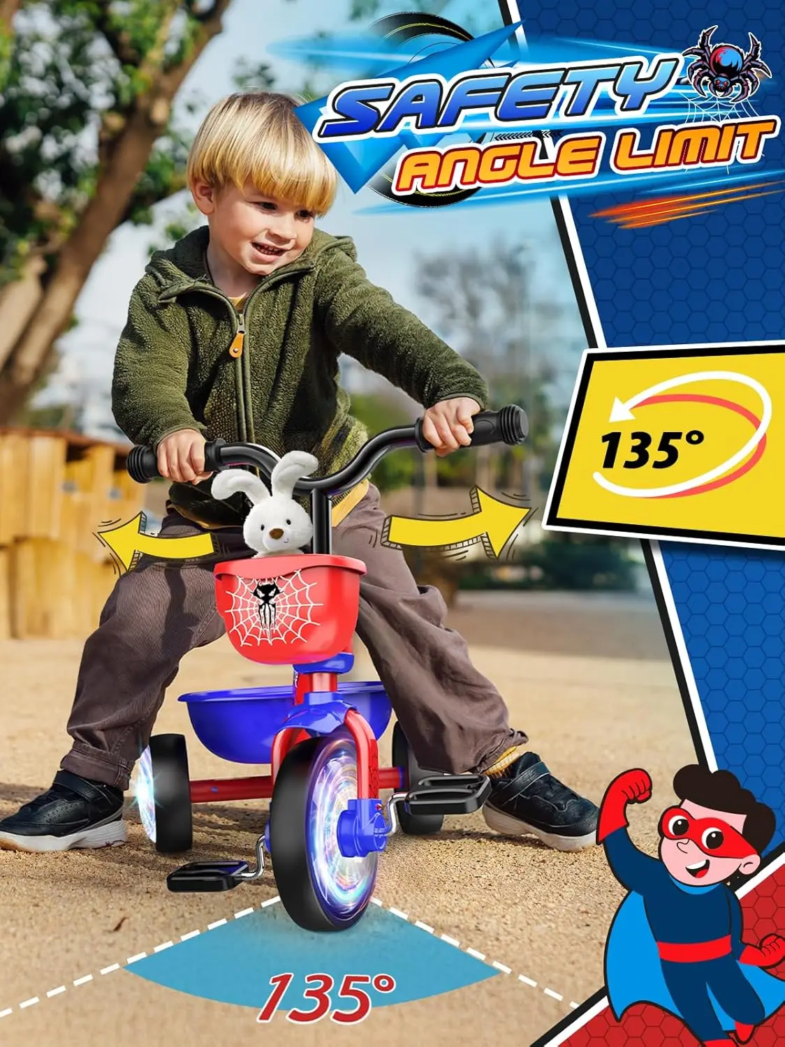 Toddler Tricycle for 1-5 Year Olds, Balance Bike with Colorful Lighting Wheels & Large Basket, Birthday Gift for Boys Girls view 4