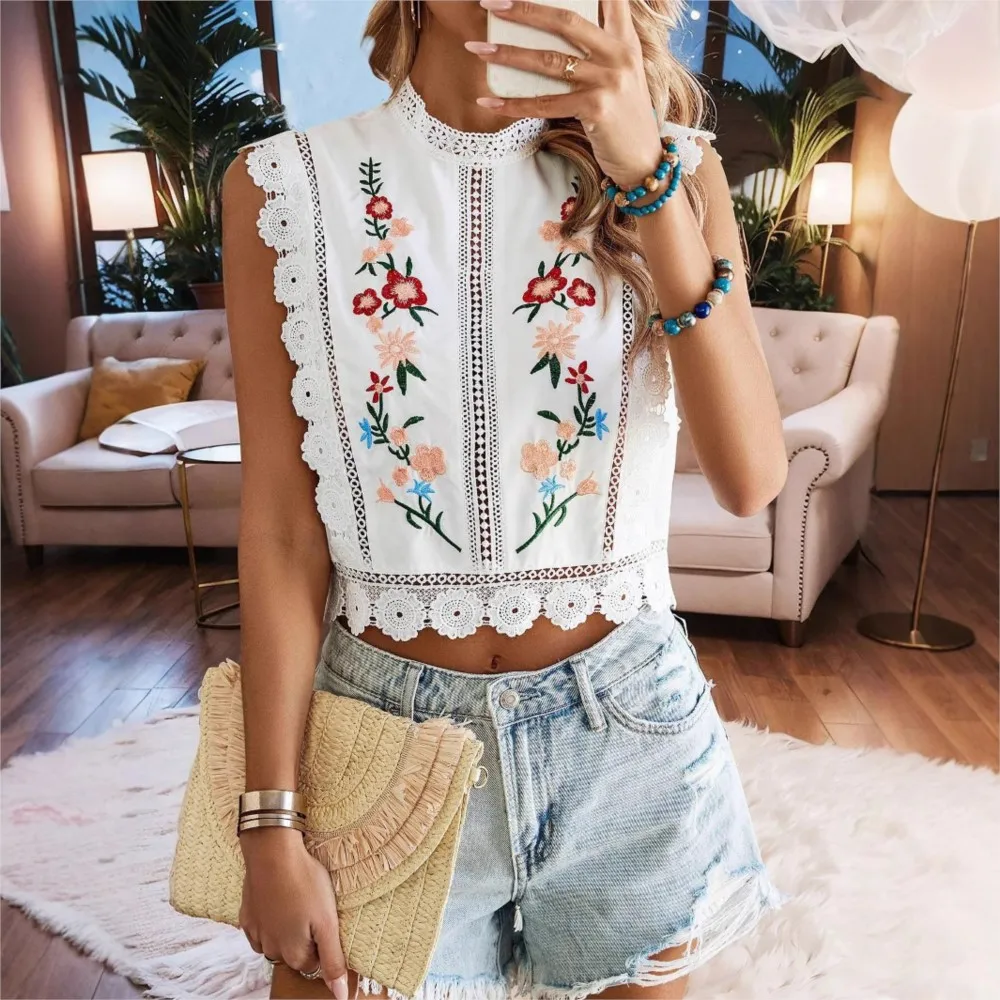 

Fashion Ethnic Style Crop Top 2025 Lace Patchwork Embroidered Plant Round Neck Sleeveless Hollow Chiffon Shirt For Women Blouses
