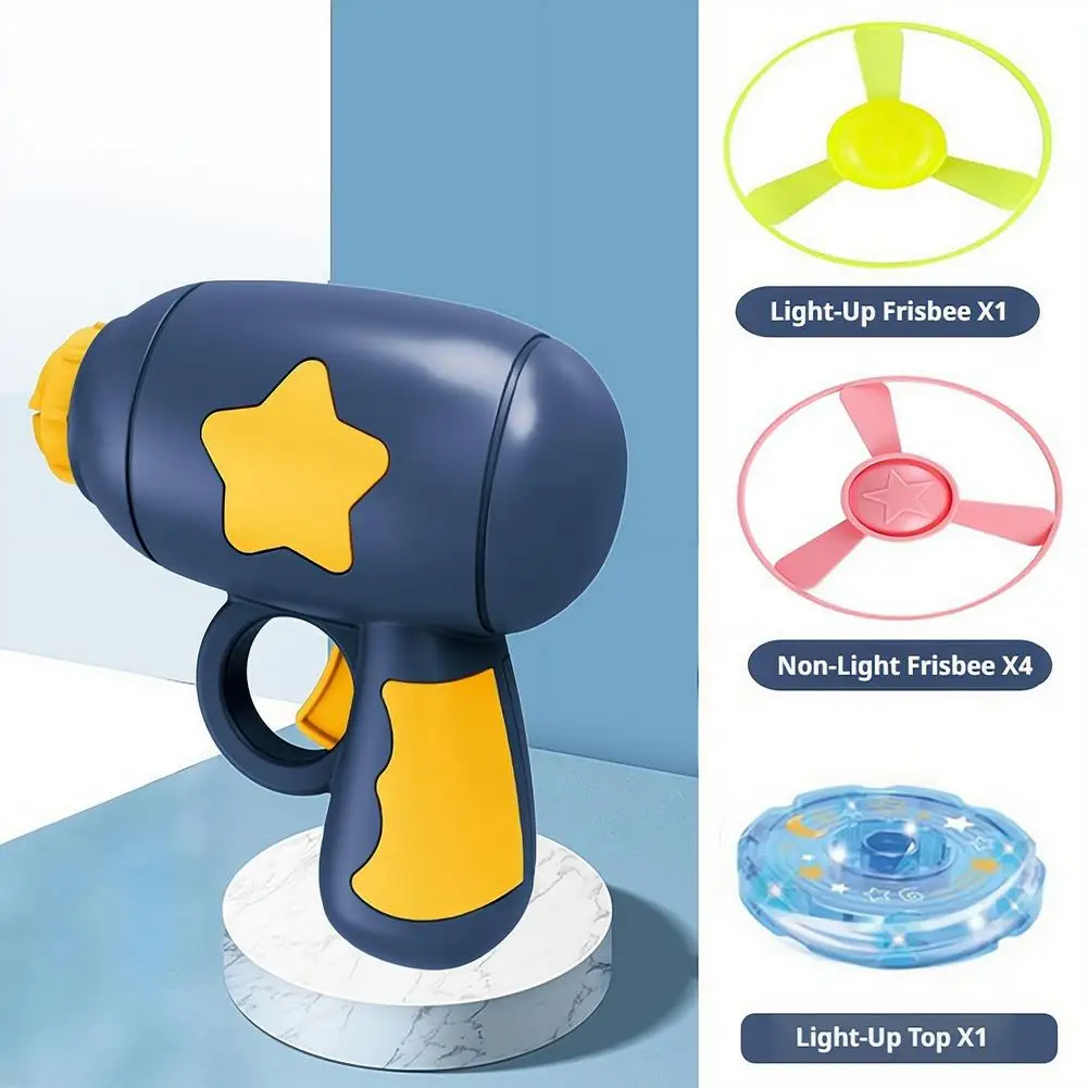 LED Light Up Flying Disc Launcher Gun Glowing Bamboo Dragonfly Flying Spinner Outdoor Sport Toy for Kids Birthday Gift No Batter