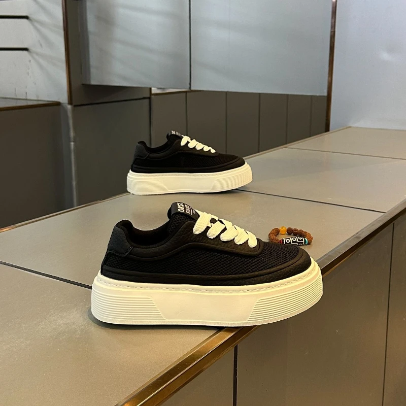 Beige Breathable Mesh Platform Sneakers for Women Thick Sole Lace-up Casual Shoes for Street Style and Daily Wear
