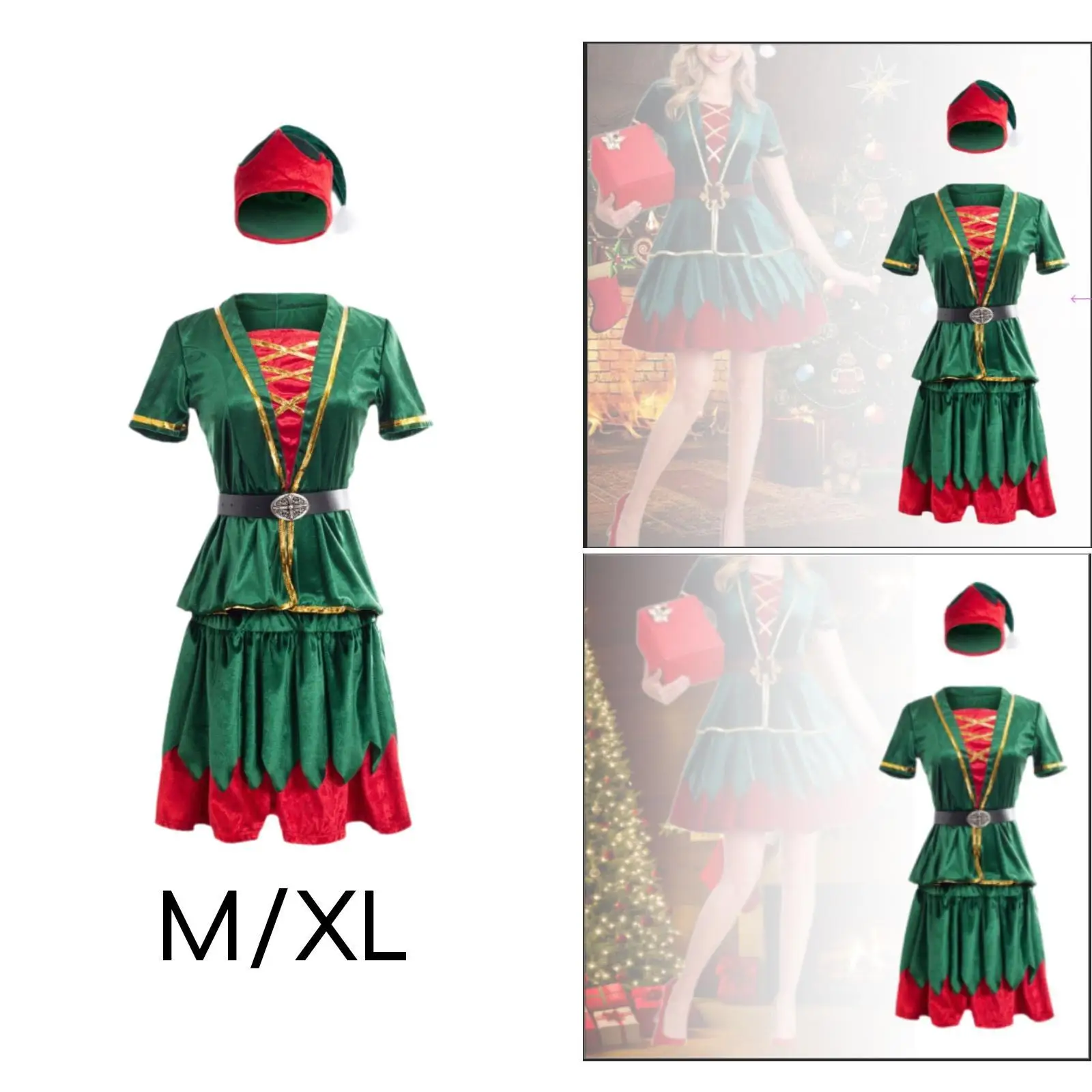 Kerstkostuum Jurk Hoed Tailleriem Set Decoratieve Kerstoutfits Rollenspel voor Fancy Dress Kerstfeesten Nieuwjaarsfestivals