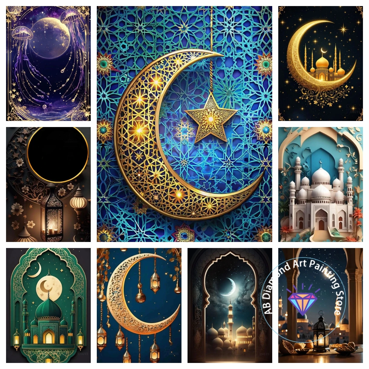 

Islamic star and crescent architecture Pattern AB Diamond Painting Kit 5D DIY Cross Stitch Handmade Art Crafts Home Decor Gift