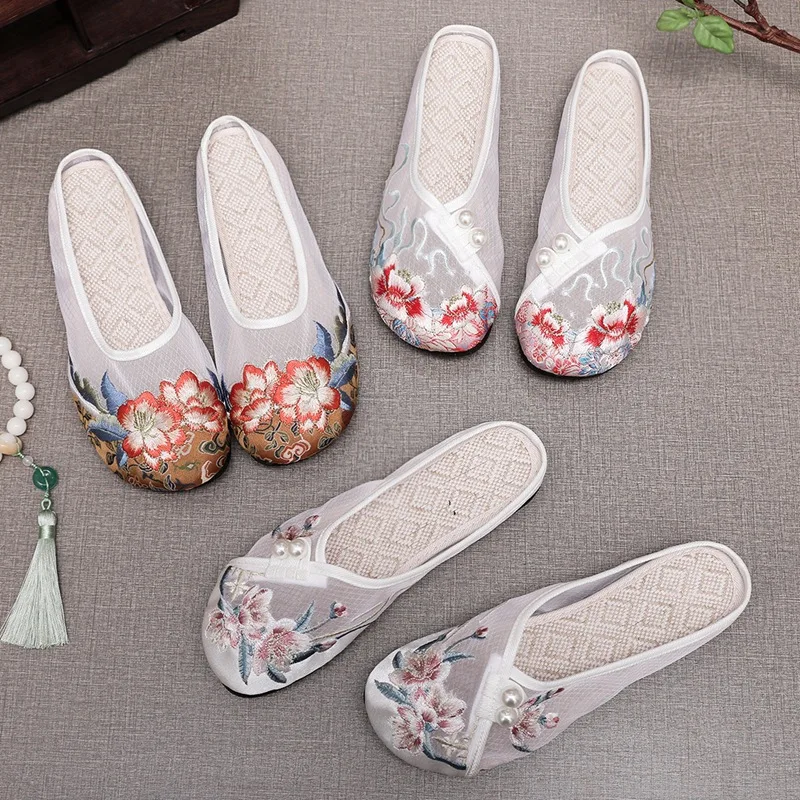 Size 35-42 Summer New Hanfu Shoes Women Flats Old Beijing Cloth Shoes Lace Mesh Chinese Style National Style Embroidered Shoes