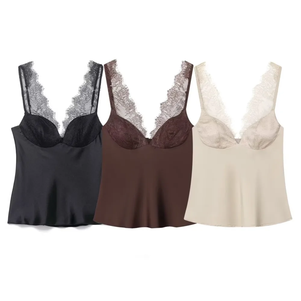

Elegant Blusas Camisole Tops For Ladies Vest Sling Temperament French Lace Patchwork V-link Slim Fashion Simple Style All-match