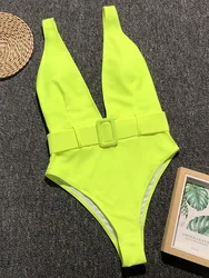 Maillot de bain une pièce néon, décolleté en V plongeant, taille haute, monokini, avec ceinture, pour femmes, vêtements de plage, 2024