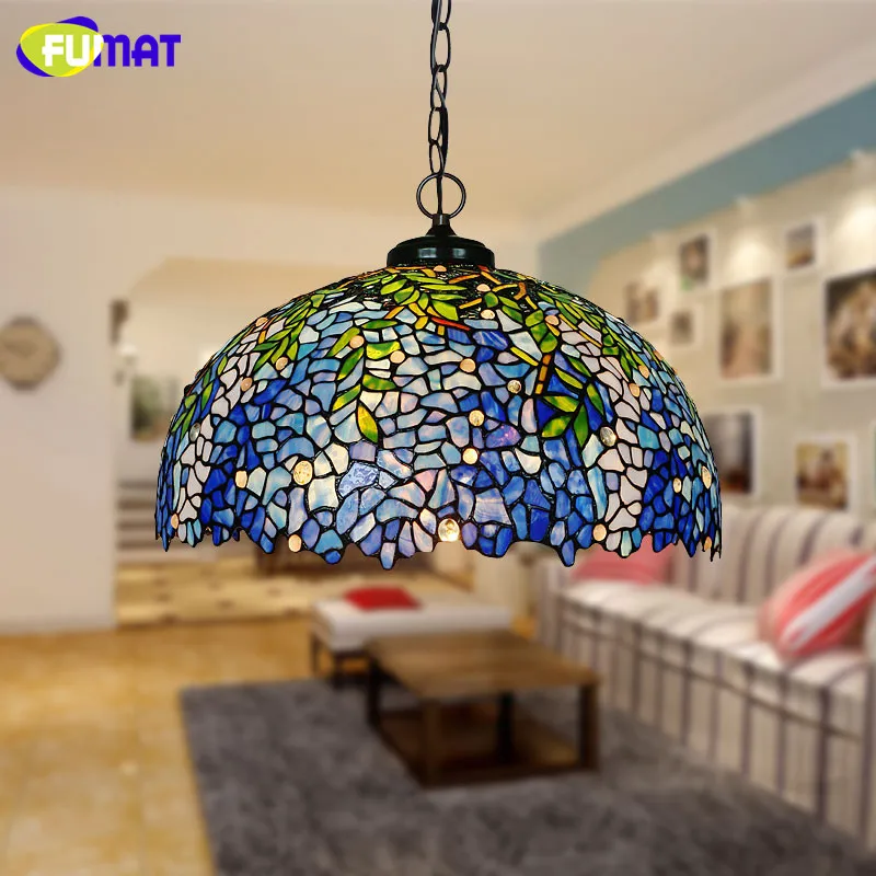 Tiffany Pendant Light Stained Glass Wisteria LampShade Hanging Light Living Room Hotel Villa Retro Art Creative Pendant Light