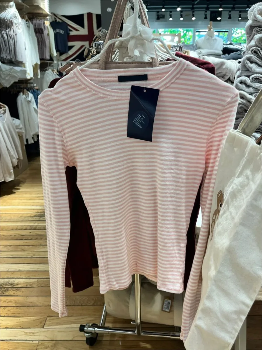 Sweet Pink Striped Long Sleeve T-shirt Woman Spring New Y2K O-Neck Cotton Slim Tshirts Tops Female Cute Preppy Style Tee Shirts
