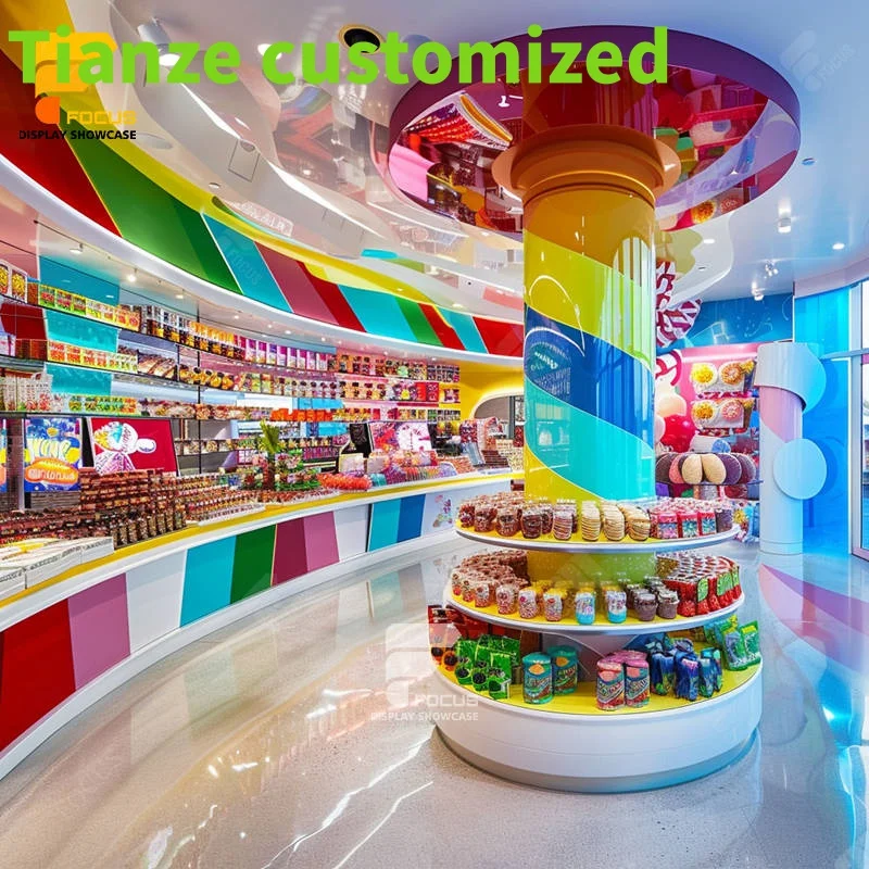 

Customized-Factory Factory Sweet Shop Design Metal Display Shelf Modern Wood Showcase Racks Candy Shop