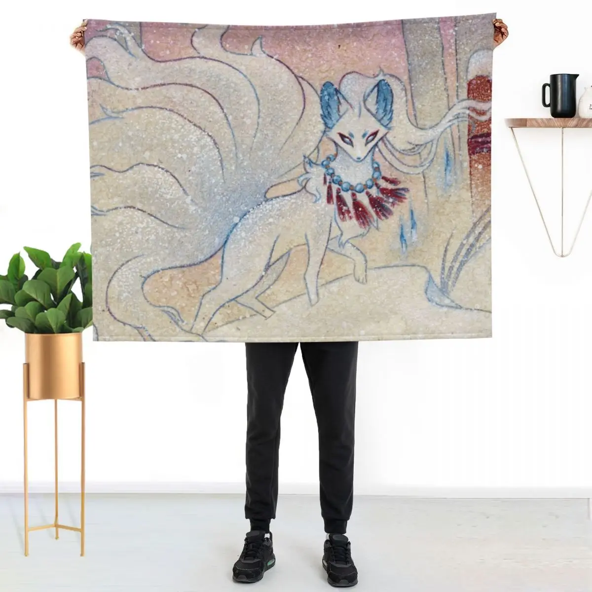 Winter Twilight Kitsune Guardian Throw Blanket Travel Nap Winter beds Hairys Weighted Blankets