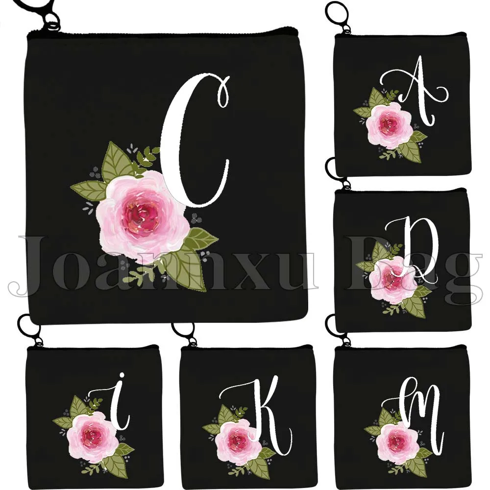 

Custom Initials Monogram Letter Floral Cute Pink Rose Flower Gifts Idea Canvas Coin Purse Key Case Small Bag Wallet Zipper Pouch