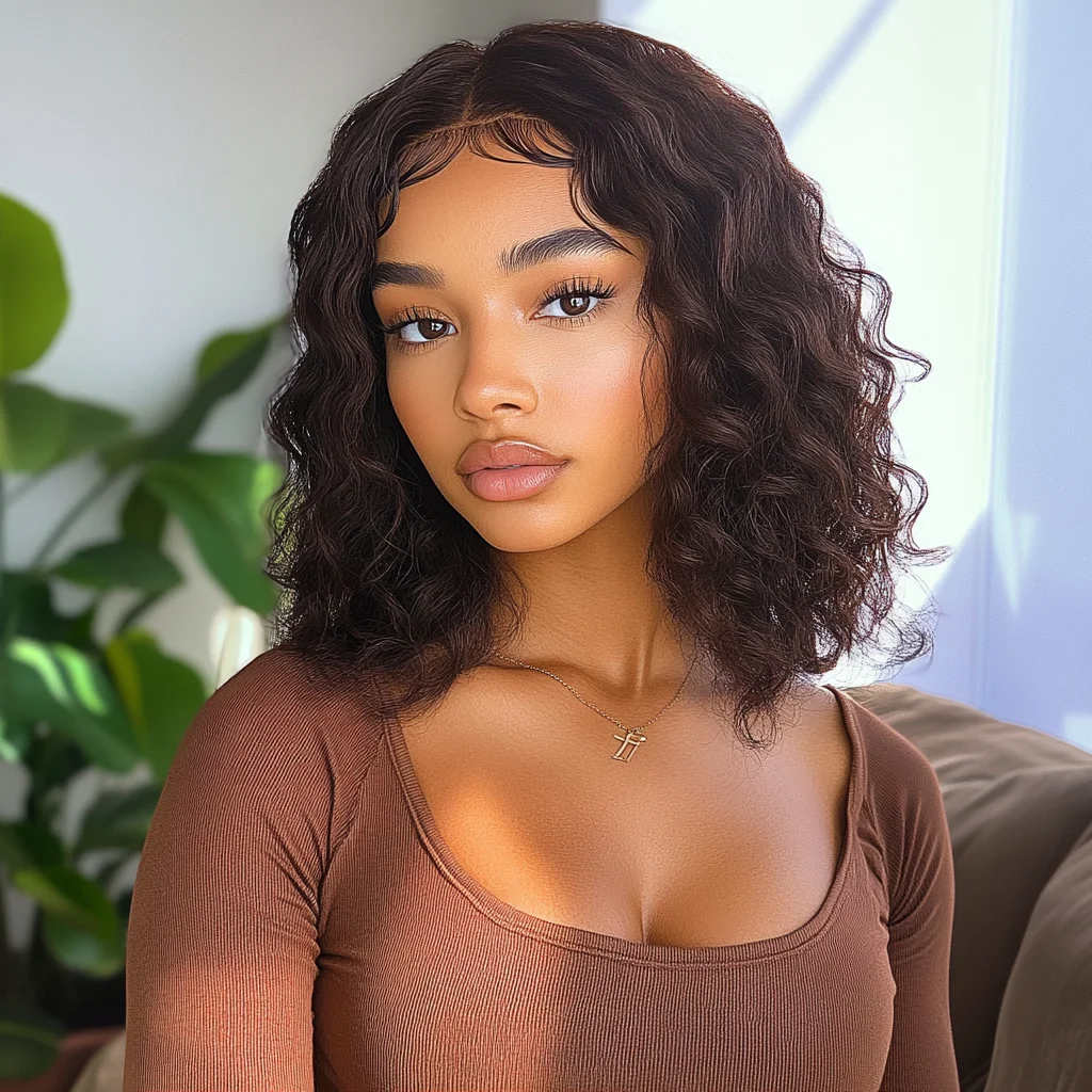 

Glueless Bob Curly Wig With Fringe Bangs Honey Curly Bob Wigs Human Hair Side Part Pre Plucked Big Fluffy Brown Mixed Blonde