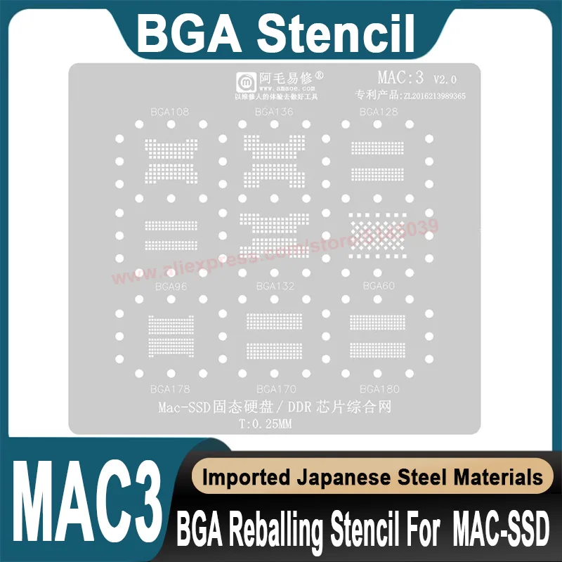 

BGA Stencil For MAC-SSD Solid-state Drive DDR BGA 108 136 128 96 60 132 170 CPU Stencil Replanting tin seed beads BGA Stencil